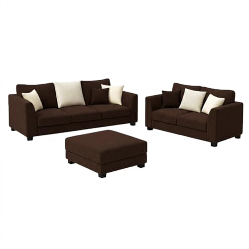 Image of SOCOZI Trevano 5 Seater Sofa Set with Ottoman (3 Seater + 2 Seater + Ottoman) | Soft Velvet Suede Fabric | Plush Comfort Cushions for Living Room (Cream-Dark Brown)
