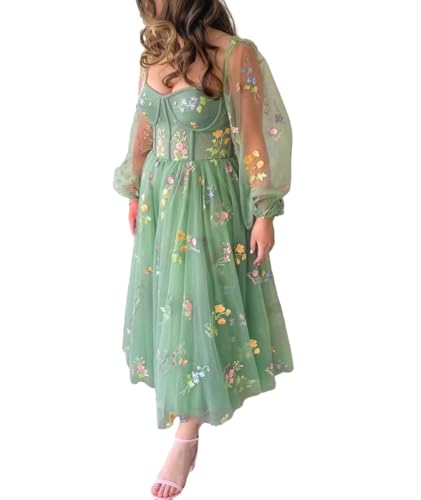 Damen Tüll Prinzessin Tee Party Kleider Stickerei A-Linie Abend formelle Abschlussball Kleider, grün, S