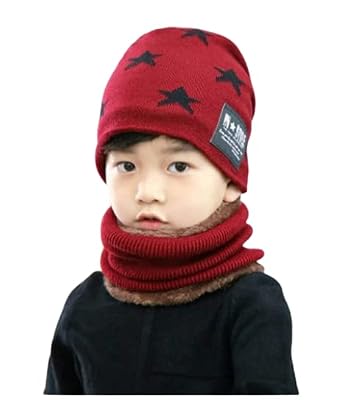 FabNext� Kids Winter Warm Acrylic Wool Hat with Scarf Set, Warm Fleece Knit Beanie Cap Scarf Mask for Boys (9-15 Year) R