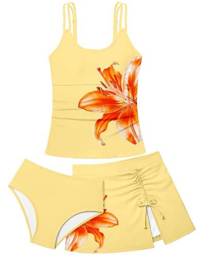 Image of Girls Swimsuit Tropical 3 Piece Tankini Adjustable Strap Bathing Suit Solid Modest Swimwear with Drastring Skirt 9-16y