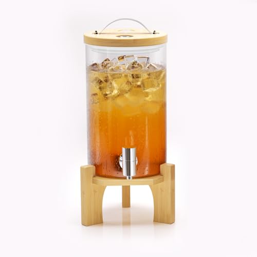 VOVUVK 1.2 Gallon Glass Drink Dispenser For Parties, beverage dispenser with Bamboo wood stand And Stainless Steel Spigot, Juice or lemonade dispenser Laundry Detergent Dispenser (1 PACK)