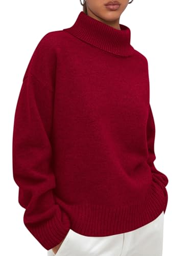 PRETTYGARDEN Womens Turtleneck Long Sleeve Sweater 2025 Fall Trendy Loose Fit Casual Tops Chunky Knit Pullover Sweaters (Red,Large)