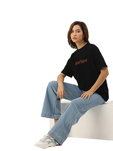 Image of LEOTUDE Women's Cotton Oversized Fit Short Sleeve with Round Neck, Oversized Longline Drop Shoulder, Back Printed T-Shirt