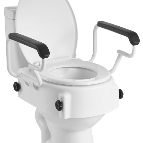 VEVOR Rehausseur de Toilette avec Accoudoirs, Réhausse WC Charge 136,1 kg, Siège de Toilette Surélevé Hauteur Réglable sur 3 Niveaux, Poignées Rembourrées, pour Personnes Âgées Handicapés Patients