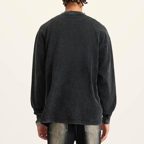 Bobeutou Vintage Oversized Crew Neck Sweatshirt for Men Long Sleeve Tshirt Basic Solid Color Tee Acid Wash Shirt Pullover Top4
