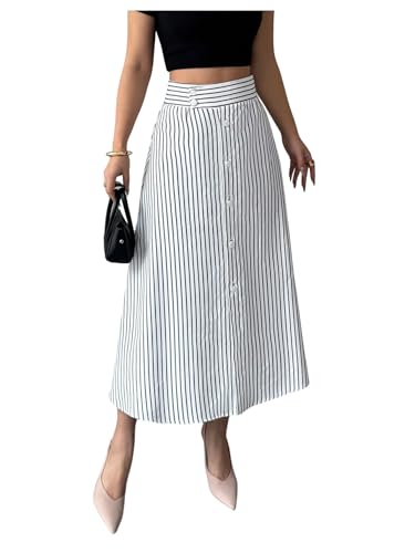 MakeMeChic Women's Skirts Trendy Summer Striped High Waist Button A Line Work Office Midi Skirts