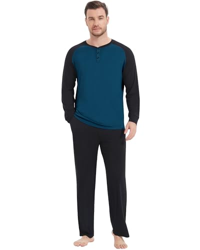 Image of NACHILA Mens Pajamas Set Viscose Made from Bamboo Henley Top Sleep Pants | Henley Top,Soft pants,Tagless Comfort,Moisture Wicking,Ultra silky, All season Loungewear Set, Jogger Sweatpant,Match set