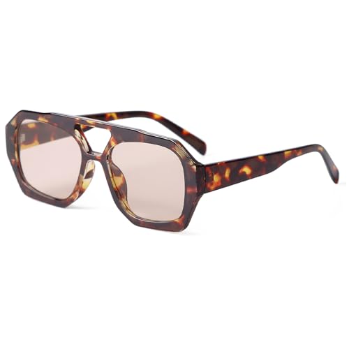 ADE WU Trendy Square Aviator Sunglasses for Women Thick Frame Double Bridge Geometric Sun Glasses