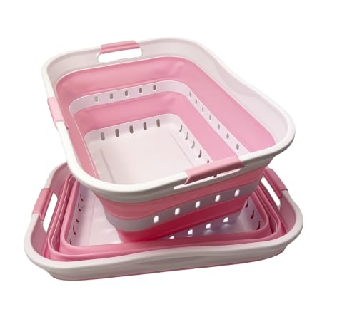 Image of SAMMART 42L (11 gallon) Collapsible Plastic Laundry Basket - Foldable Pop Up Storage Container /Organizer - Portable Basket - Space Saving Hamper /Basket (2, Wt /Cherry Pink)