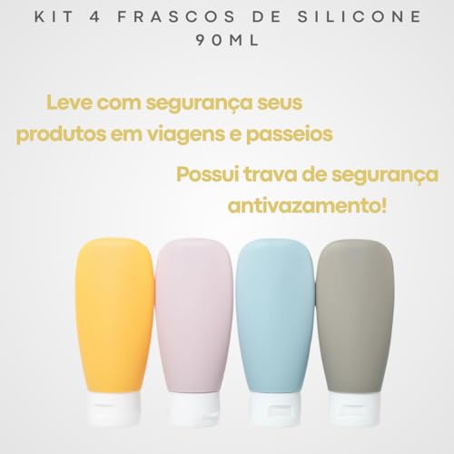 Kit Viagem 4 Frascos Silicone Pote 90ml Porta Creme Shampoo Perfume Loção Corporal Sabonete Líquido