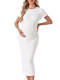 MARI GABRIEL Womens Maternity Dress Bodycon Midi Side Ruched Ribbed Wedding Guest Cocktail Pregnancy Dresses Photoshoot White L