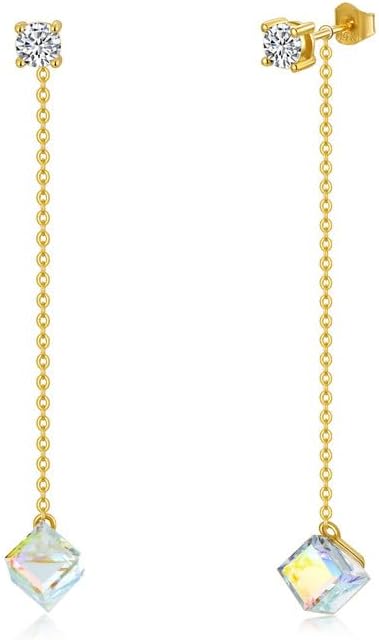14K Solid Gold Threader Earrings Dainty Crystal Dangle Earrings Real Gold Square Crystal and Moissanite Long Chain Earrings Anniversary Birthday Christmas Jewelry Gifts for Women