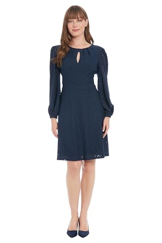 London Times Women's Elegant Eyelet Knee-Length Long Bishop Sleeves-Cinched Waist-Keyhole Neckline-Versatile Cocktail Dress