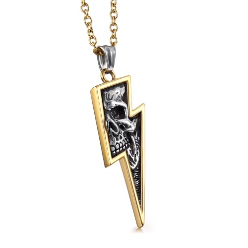 Collares Colgantes de Calavera Retro de Acero Inoxidable para Hombre, joyería de Motorista con relámpago de Oro Plateado