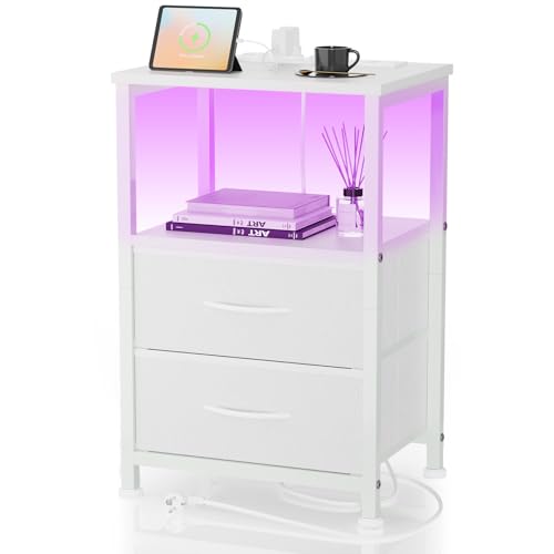 Yornoli Nachttisch mit LED & Ladefunktion, Beistelltisch mit Schublade, Nachttische mit 3 AC-Anschlüsse & 2 USB-Anschlüssen, Beistelltische fürs Wohnzimmer, Schlafzimmer, Weiß