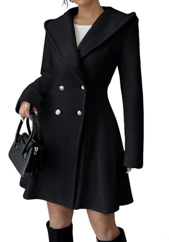 Image of chouyatou Women Winter Double Breasted Hooded Wool Coat Casual A-Line Wool Trench Coat Peacoat with Hood (Large, Black)