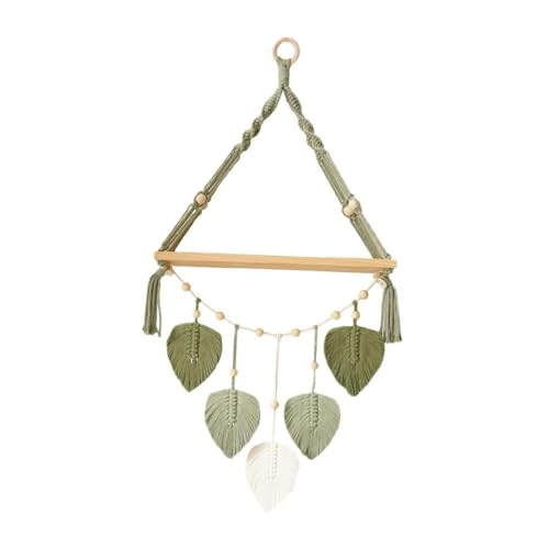 葉っぱのマクラメ壁掛けタペストリー 木製フローティングシェルフ ボヘミアン風壁飾り シックな植物ハンガーシェルフ 寮のリビングルーム用 ホーム
