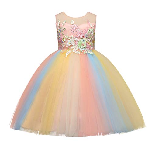 Swyss Baby Girls Costume Cosplay Rainbow Tulle Dress 3D Embroidery Beading Princess Tutu Dresses 2-8 Years