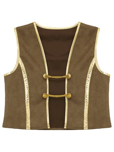 renvena Boys Renaissance Medieval Pirate Vest Sleeveless Open Front Golden Lace Dressy Waistcoat