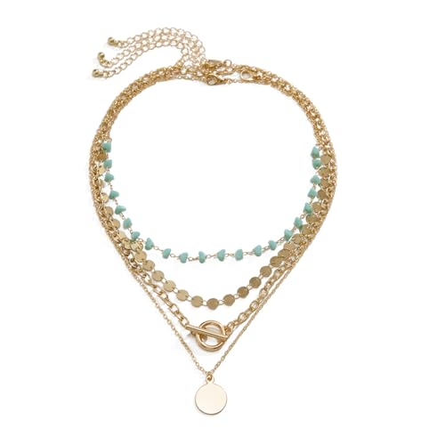 Gold Layered Necklaces for Women Boho Turquoise Stack Necklace Long Y Shape Western Necklaces Bohemian Coin Pendant Necklace For Country Concert Beach Jewelry Gift - Main Image