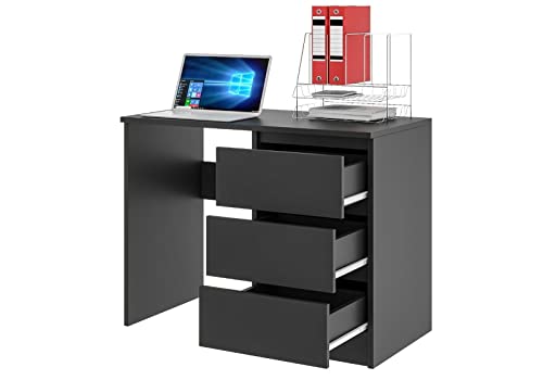 roe furniture Schreibtisch mit 3 Schubladen, Bürotisch Computertisch Klein Arbeitstisch PC-Tisch Kinderschreibtisch mit Stauraum, Moderner Schreibtisch, 90x50x76 cm (Schwarz Matt)