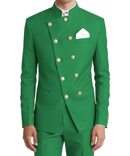 Wrycay 2 Piece Mens Suits Chinese Tunic Slim Fit Suit Traditional Mandarin Collar Men Tuxedo for Casual Wedding Outfit,Green,M