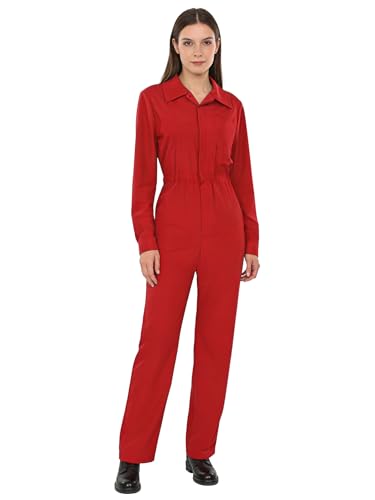 Jhaoyu Mono de trabajo para mujer, traje de trabajo largo, elástico, manga larga, camisa con botones, uniformes mecánicos, rojo, S