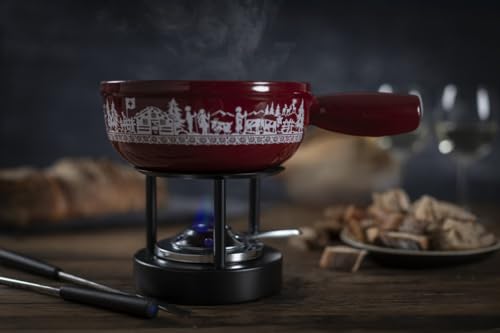 Kuhn Rikon Mini Cheese Fondue Set Alpine Meadow in Red Cast Iron - 17cm Pot for 2 with Rechaud and Forks - Image 4