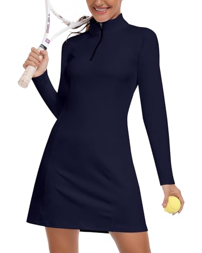 Woweny Golf Dresses For Women Long Sleeve 1/4 Zip Tennis Dress With Shorts And Pockets Upf 50+ Workout Athletic Dress(Navy, L)