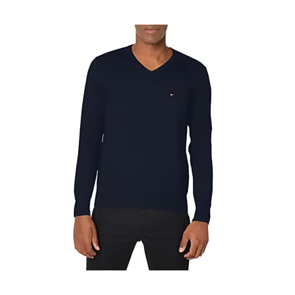Tommy Hilfiger Men's Essential Long Sleeve Cotton V-Neck Pullover Sweater, Masters Navy, Large