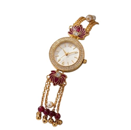 Exquisite Luxury Women's Gold Quartz Watch Featuring Traditional Lotus Flower Motifs, Dazzling Rhinestone Round Bezel, Hanging Pearl Beads, Ruby Accents, and Fine Chain Tassels.-image-23
