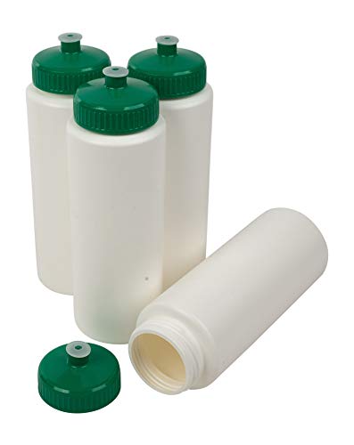 CSBD 32oz Sports Water Bottles, Reusable No BPA Plastic, Pull Top Leakproof Drink Spout, Blank DIY Customization for Business Branding, Fundraises, 4 Pack (White Bottle - Green Lid, 32 Ounces)