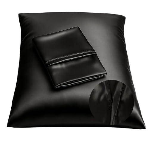 BLISSFORD Black Satin Pillowcase with Zipper for Hair and Skin Care, Feels Soft and Cool Like a Silk Pillowcase, Satin Pillow Cases 2 Pack, Slik Pillow Cover, King Size - Set of 2