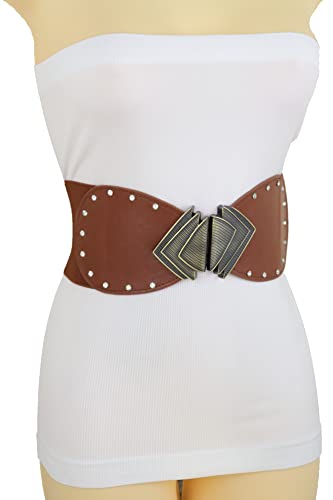 Women Fashion Wide Elastic Brown Belt Hip High Waist Gold Metal Fans Buckle Size S M4