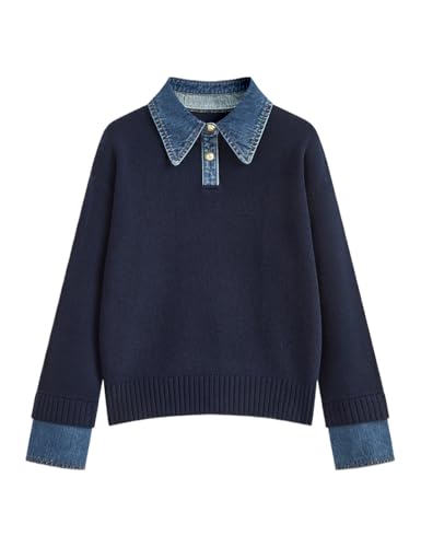 Zucige Womens Denim Lapel Sweater Oversized Long Sleeve Button Down Polo Knit Pullover Sweaters 2025 Fall Outfits(NavyBlue-XL)