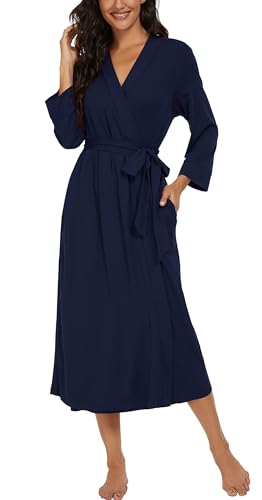 Image of VINTATRE Robes for Women Long Knit Bathrobe XS-4XL | 3 /4 Sleeve Bathrobes with Pockets, Stretchy and Lightweight Fabric, Inner Tie and Fixed Outer Matching Belt, Mid Calf Length
