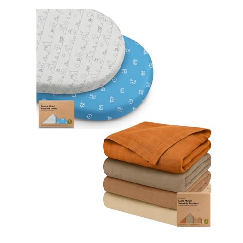 KeaBabies 2-Pack Bassinet Sheets for Girls, Boys and 4-Pack Muslin Swaddle Blankets for Boys, Girls - 100% Cotton Bassinet Mattress Protector - Baby Swaddle Blanket for Newborn