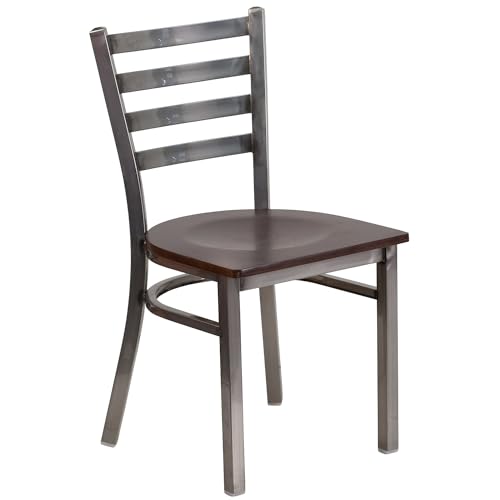 Image of Flash Furniture HERCULES Series Clear Coated Ladder Back Metal Restaurant Chair - Walnut Wood Seat