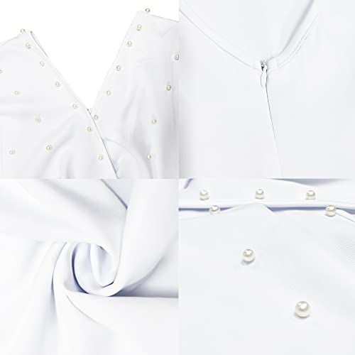 qfmqkpi Women Elegant Pearls Deep V Neck Wrap Bodycon Dress Back Zipper Pencil Midi Dress4