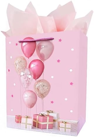 12.6” Birthday Gift Bag with Handle and Tissue Paper, Gift Bag for Boys, Girls, Women and Men’s Birthday Party, Baby Shower, Christmas Party Supplies (Pink)