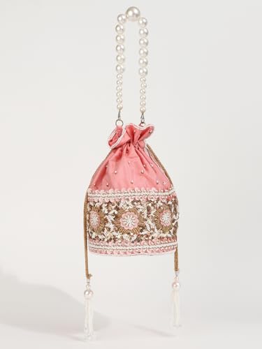 Image of THE TAN CLAN Pushp Zardozi Embroidered Mini Lotus Potli Bag - Handcrafted Silk Pouch with Intricate Zardozi & Lotus Design for Weddings, Bridal Accessories, and Special Occasions