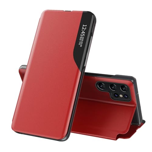 Étui à rabat pour Samsung S25 en cuir rouge mince avec béquille intégrée