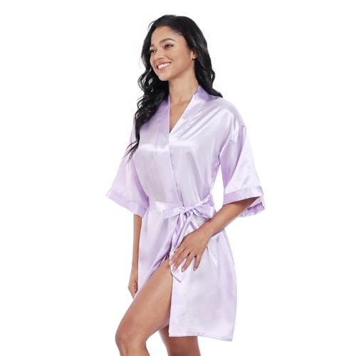Image of Women's Short Satin Robes Lightweight Silky V-Neck Sleepwear Wedding Bridal Party Bride Bridesmaid Bathrobes