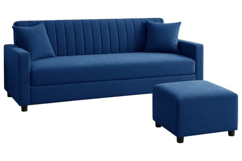 Image of 3 Seater Wooden Sofa Set with Ottoman for Living Room | Premium Velvet Fabric Wooden Frame | Modern Design | Comfortable Cushioned Sofafor Home, Office & Lounge | Blue
