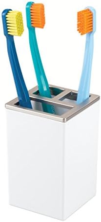 iDesign 41282 iDesign InterDesign Toothbrush Holder Stand for Bathroom Vanities-White/Brushed Clarity, 6.35 x 6.35 x 10.16 cm