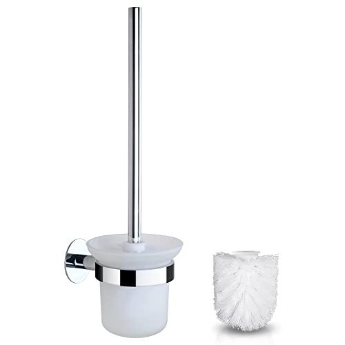GERUIKE Brosse WC Brosse Toilettes WC avec Support Mural Brosse WC Acier Inoxydable Finition Polie Support Inoxydable Récipient en Verre Dépoli Pose Murale...