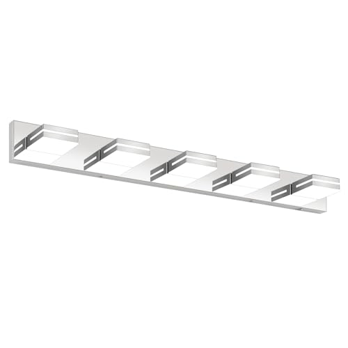 Image of Bathroom Vanity Lighting Fixtures Over Mirror (5-Light, 40-Inch) Modern LED Bathroom Wall Lighting Fixtures, Chrome (Cool White 6000K)