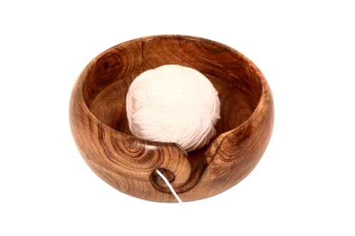 Image of Artisan Mango Wood Yarn Bowl - Tangle-Free Knitting & Crochet Gift with Leather Accent & Portable Design - Handcrafted for Crafters (7x7x3in)