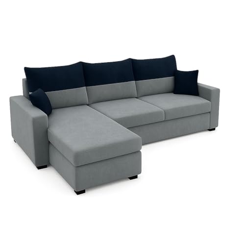Image of FURNY Premium Huster 4 Seater Fabric LHS L Shape Sofa Set for Living Room | with Velvet Fabric in Dark Blue & Light Grey Color | Durable Comfort | Modern Design
