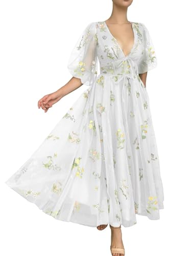 UZN Puffy Sleeves Prom Dresses Tulle Flower Embroidery Tea Length Formal Gowns V Neck Evening Party Dress